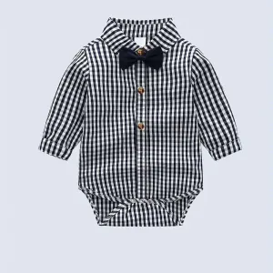 Chemise à carreaux noire et blanche avec nœud papillon pour bébé garçon