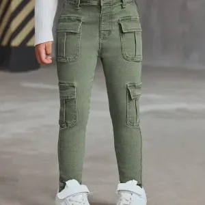 Jean slim à poches pour fille, couleur unie - Jean skinny décontracté à jambes droites