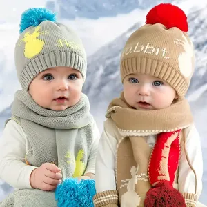 Ensemble 2 pièces pour l'hiver - Bonnet et écharpe en maille douce avec lapin