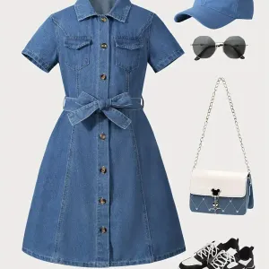 Robe en jean pour enfant avec ceinture à nœud ajustable
