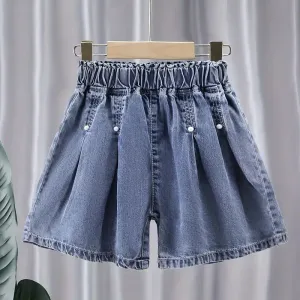 Short en jean d'été pour filles avec ceinture à boutons nacrés