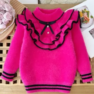 pullroseelegantacolvolantepourfillemanteaudhiverdouxamancheslongues