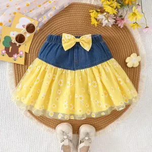 Jupe en jean pour fille - Imprimé floral rose avec empiècements en résille contrastants