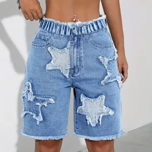 Short en jean brodé à motif cinq étoiles style années 2000