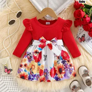 Ensemble deux pièces robe et ceinture imprimées à col rond et imprimé floral
