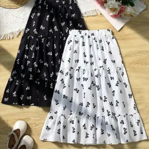 Ensemble 2 pièces pour fille : jupe longue noire et blanche à motif nœud papillon