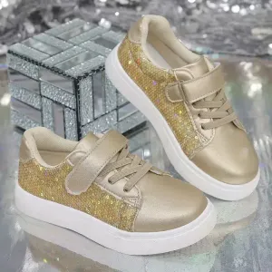 Baskets basses dorées à paillettes pour filles, avec brides ajustables