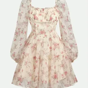 robecourtetrapezeaimprimefloralpourfilleourletvolanteetepaulesdenudees