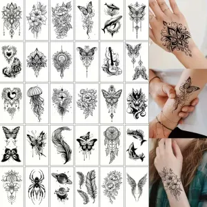 30 tatouages ​​éphémères, motifs papillon noir, plumes, carillon