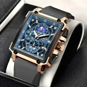 Montre homme LIGE à quartz avec cadran ajouré, calendrier lunaire et indicateur de phase de lune