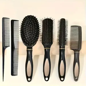 Ensemble de 6 outils de coiffure noirs, comprenant un peigne démêlant et des outils de coiffage