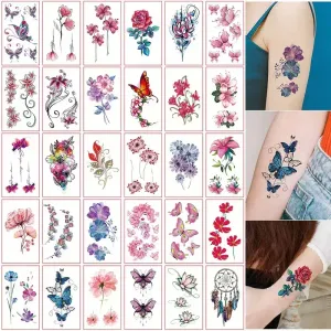 30 tatouages ​​temporaires pour le corps - Petits motifs papillons et fleurs