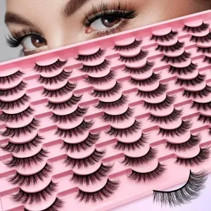 Lot de 30 paires de faux cils noirs, assortiment de 3 styles : cils épais et recourbés