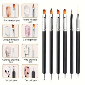 Lot de 6 pinceaux multifonctions noirs pour nail art : pointes à pois, à traits