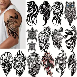 17 tatouages ​​temporaires animaux tribaux (lion, aigle, loup, élan, hibou) à l'eau