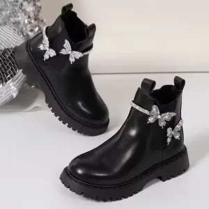 Bottes Chelsea noires pour filles, en similicuir, avec nœud en strass et bride à boucle