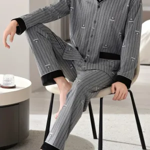 Pyjama homme manches longues en pur coton, idéal pour le printemps et l'automne