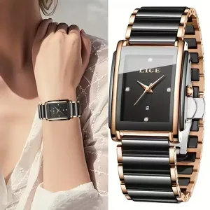Montre LIGE pour femme en céramique avec affichage de la date et strass