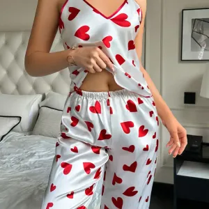 Ensemble pyjama 2 pièces pour femme : débardeur et pantalon long à imprimé cœur