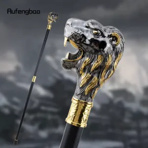Canne-croix décorative vintage à tête de lion noir doré et moustache, 93 cm