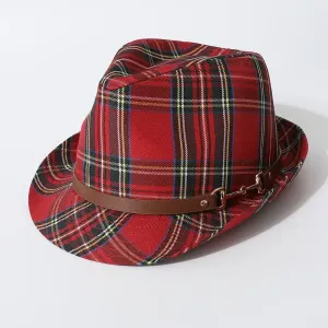 Chapeau Fedora rétro à carreaux avec boucle métallique, idéal pour des sorties stylées