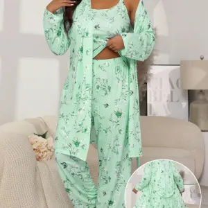 Ensemble pyjama décontracté grande taille, robe de chambre à manches longues