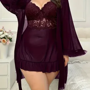 Nuisette élégante et sexy grande taille, unie, ornée de dentelle et de résille