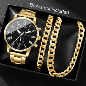 Ensemble de 3 pièces pour homme : montre à quartz, collier et bracelet
