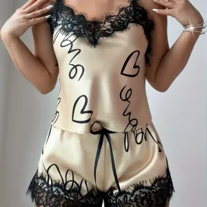 Ensemble pyjama décontracté en patchwork de dentelle pour femme