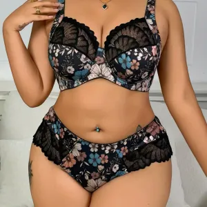 Ensemble de lingerie sexy grande taille pour femme, dentelle à imprimé floral