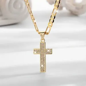 Collier pendentif croix religieuse plaqué or 14 carats avec pierres de zircone synthétique
