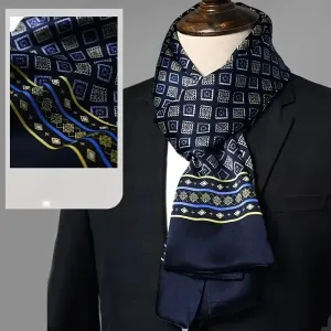 Écharpe homme bleu marine de luxe à motifs géométriques dorés et jaunes