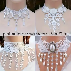 Ensemble de 4 colliers vintage en dentelle blanche, style gothique, pour femme