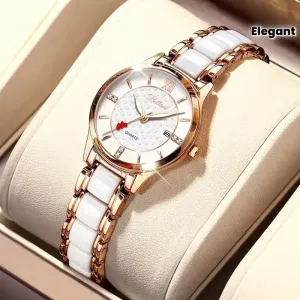 Montre de luxe pour femme en céramique avec affichage de la date et boussole
