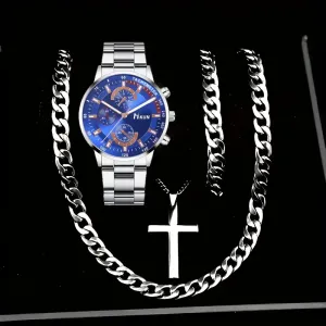 Ensemble montre à quartz et bracelet-collier pour homme (4 pièces)