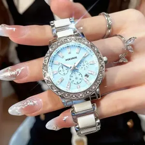 Montre à quartz pour femme, bracelet argenté en acier inoxydable
