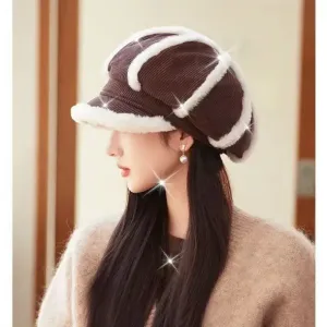 Béret polyvalent en velours côtelé doublé peluche - Chapeau chaud