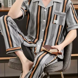Ensemble pyjama homme : pantalon long à manches courtes et col rabattu en pur coton