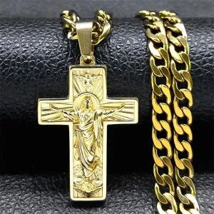 Collier homme en acier inoxydable doré, chaîne cubaine, pendentif croix de Jésus-Christ