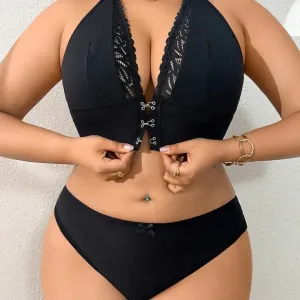 Ensemble soutien-gorge grande taille romantique, col halter croisé
