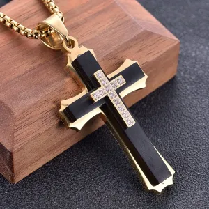 Collier homme à plusieurs rangs avec pendentif croix synthétique