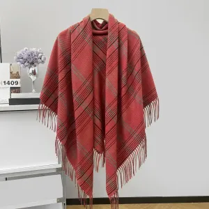 Châle bohème vintage - Bordure à franges, tons chauds marron et multicolores
