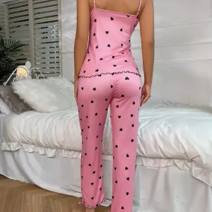 Ensemble pyjama femme sexy à lacets et motif cœur - Débardeur à fines bretelles