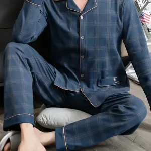Ensemble pyjama homme printemps-automne : cardigan fin en pur coton à manches longues