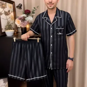 Ensemble pyjama 3 pièces grande taille homme, rayé jacquard, noir, bleu marine