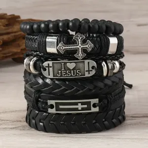 Bracelet punk en cuir PU et maille tressée à la main - Style gothique multicouche