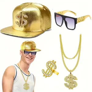 Ensemble hip-hop 4 pièces comprenant une casquette de rappeur dorée, des lunettes punk, un collier pendentif dollar doré et des bagues