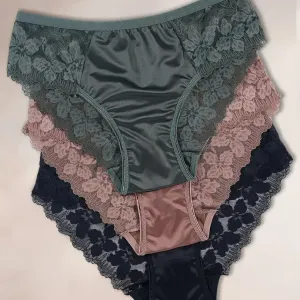 [3pcs Satin Thong] 3pcs Soft Breathable Satin Sheen Fabric Mid-Rise Thong Panties