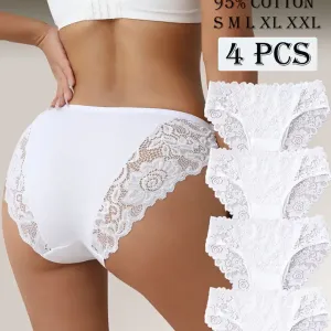 Lot de 4 culottes semi-transparentes élégantes en dentelle florale pour femme