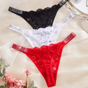 Ensemble 3 pièces string sexy sans coutures en dentelle semi-transparente